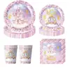 Suministros de decoración de cumpleaños para niños con temática de castillo morado transfronterizos, platos de papel para fiestas, servilletas de papel, vasos de papel, mantel desechable