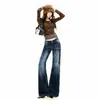 Jeans de mujer transfronterizos 2026, ligeramente acampanados, estilo americano, lavados y desgastados, con acabado texturizado, caída fluida, pantalones largos azul hielo vintage, azul hielo vintage