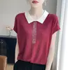 Camiseta Polo de Malha Waffle com Strass e Manga Curta para Mulheres 2026, Leve, Confortável, Estilosa, com Cor Contrastante e Mangas Levemente Franzidas