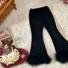 Calça Flare Preta para Meninas 2026 Outono e Inverno Aconchegante Forrada com Fleece Estilosa Calça Flare Infantil com Bordas Franjadas