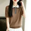 Estilo Nuevo Primavera/Verano Cuello Polo Color de Contraste Botón Manga Corta Tejido Ajustado Versátil Elegante Estilo Coreano Sencillo Top Camiseta para Mujer