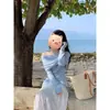 Blusa de Tricô Azul Manga Longa Estilo Francês Ombro a Ombro Feminina Nova Coleção Outono Inverno Ajuste ao Corpo Valoriza o Corpo Blusa de Ombro a Ombro