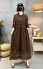 Vestido de Manga Larga Estampado de Retazos de Encaje de Algodón y Lino Estilo Retro Nuevo de Primavera Aspecto Adelgazante Holgado Falda de Encaje con Cordones Línea A