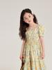 Vestido de Niña Floral de Cintura Hueca de Nuevo Estilo con Mangas Abullonadas y Falda Grande, Falda de Niña con Cuello Redondo y Ambiente Dulce