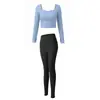 Conjunto de Yoga com Calça Longa Feminina, Decote Quadrado, Manga Longa, Cintura Alta, Calça Esportiva Casual, Conjunto de Duas Peças para Treinamento Profissional de Pilates