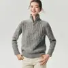 Estilo casual retrô~75% Caxemira + 25% Seda de Amora Tricô para Mulheres Fio Mesclado Suéter com Meio Zíper Top de Tricô Trançado