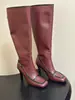 Botas altas retro de cuero genuino transfronterizas para mujer, punta en forma de C, hebilla de color contrastante, cremallera trasera, tacón de aguja, zapatos de talla grande para mujer para exportación