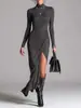 2026 Vestido Elegante da Moda Europeu e Americano Amazon Site Independente Cruzado para Mulheres com Caimento Justo e Barra Irregular de Manga Longa