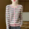 Cardigan de Punto de Lana Pura con Cuello Redondo, Manga Larga, Rayas de Colores, Holgado, Cálido, Chaqueta Superior para Mujer, Novedad Otoño e Invierno, 25 Años