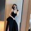 Estilo Chic Coreano Sexy Tirantes Espagueti Cuello en V Falda con Tirantes Color Puro Ajustado Largo sin Espalda para Mujer