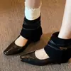 Botines Cortos Cuadrados Retro Franceses Borde Enrollado para Mujer 2026 Otoño Nuevo Estilo Aumento de Altura Interior Hebilla de Cuero Tejido Moda para Viajar Botas Individuales