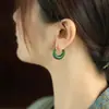 Aretes Imitación Calcedonia Natural Jade Hetian Chapados en Oro para Mujer Estilo Chino Jade Verde Jaspeado Aretes Retro Jade Aretes