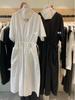 Wensen Online Estilo Coreano Vestido Casual Holgado de Cuello en V para Mujer Verano Bolsillo con Solapa Diseño Pantalón Falda Larga de Manga Corta 69682
