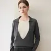 Nuevo Suéter de Cachemir con Cuello de Solapa de Manga Larga para Mujer Otoño/Invierno 2026 Bloque de Color Holgado Capa Base Falso Dos Piezas Superior