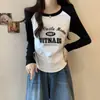 Camiseta para Mujer Talla Grande mm Otoño Estilo Retro Americano Estampado de Letras Versátil de Manga Larga Ajustada Hombro Derecho