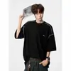 Camiseta de Verano para Hombre Estilo Americano con Textura de Gofre, Cuello Henley, Manga Corta, Bordado de Perro, Corte Holgado