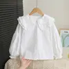 Camisa Branca Feminina de Comércio Exterior, Blusa Nova Estilo Renda Primavera e Outono, Modelo Princesa Algodão Puro Estilo Coreano com Gola de Boneca Infantil