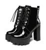 Botines Cortos de Mujer para Otoño e Invierno con Punta Redonda, Tacón Grueso, Plataforma Impermeable, Con Cordones, Botas de Tacón Alto de Charol, Botas Martin