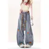 Pantalones de Jeans Anchos de Pierna Ancha, Holgados, de Tiro Alto para Mujer, con Bordado de Dibujos Animados Retro Americano, para Primavera y Otoño
