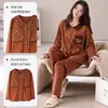 Pijama feminino estilo coreano para primavera e outono, algodão puro, gola boneca, mangas compridas, com bojos embutidos, pode ser usado como roupa de casa, conjunto de loungewear com estampa de leopardo