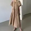 Vestido Longo de Verão 2026 Estilo Coreano com Mangas Bufantes Design Artístico Retrô Cor Sólida Simples e Fashion