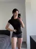 G02 Camiseta Casual Estilo Americano para Mujer de Lyocell Spandex Ceñidor de Cintura 260g Fresca para Exteriores Cuello Redondo Color Sólido Elástica