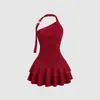 2026 Moda transfronteriza europea y americana color liso un hombro cuello halter cintura entallada vestido plisado versátil vestido sin hombros