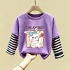 Camiseta de Manga Longa Infantil para Meninas, Estampa de Listras Cartoon, Camada Base 100% Algodão Puro, Roupa de Outono