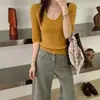 Fotos reais de roupas femininas: Top de tricô básico, liso, de alta qualidade, gola U, manga média, modelagem justa, elástico, de Dongdaemun, Coreia