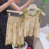 Conjunto Verão 2026 Novo Saia de Algodão e Seda com Colete de Renda para Meninas, Roupa Fresca Floral para Ar Condicionado, Roupa de Casa