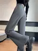 Pantalones de traje grises acampanados para mujer, nuevo estilo otoño 2026, de cintura alta, adelgazantes, casuales, fluidos, de pierna ancha hasta el suelo A13765