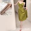 Vestido retro verde estilo francés con espalda casual atada, falda sexy con una textura de alta calidad para usar en casa