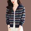 Chaqueta Cardigan de Punto con Cremallera de Moda 2026 para Mamás, Corta, Elegante, Casual, Cardigan de Punto Rayado con Capucha