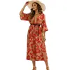 Estilo Jersey, Elegante Vacaciones Viaje Cintura Alta Rojo Verano Moda Estampado Bohemio Playa Casual Vestido Largo, Estilo Europeo y Americano