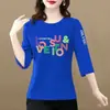 Comercio Electrónico Transfronterizo Mamá Mujeres de Mediana Edad y Mayores Camiseta Suelta Adelgazante Manga Siete Top para Mujer Cuello Redondo Casual