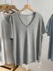 Verano Nuevo Estilo ~ Color Bonito Azul Neblina Color Puro Look Adelgazante Cuello en V Grande Suelta Versión Grande Borde Deshilachado Camiseta de Manga Corta