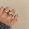 Anel de Ouro Pérola Mousse de Champagne de Alto Padrão Estilo Francês, Anel Elegante e Luxuoso Empilhável com Diamantes para Mulheres