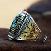 Anel de Nove Olhos e Contas Wu Lin Estilo Tibetano Masculino e Feminino Padrão Kui Niu Dapeng Taotie Anel Retro para Dedo Indicador com Mantra de Seis Caracteres