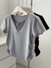 Camiseta Corta Elegante Coreana para Mujer de Manga Corta, Cuello en V Colorido, Cintura Estrecha, Adelgazante, Versátil, Cintura Plisada, Verano Nuevo, Transfronterizo