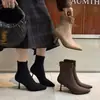 Botines elásticos de ante para mujer, botines ajustados, nuevos botines de tacón alto de aguja de color liso con cremallera trasera de punta para otoño e invierno, botines cortos elásticos para mujer