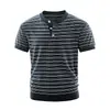 Camiseta de Manga Corta a Rayas con Cuello Henley de Punto para Hombre, Estilo Veraniego Old Money, Ajustada, Moda Casual, Camisa Polo