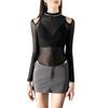 Malla Negra con Ranuras Superior Sexy Europeo y Americano Micro-transparente Spice Girls Manga Larga Baile Yoga Fitness Camiseta