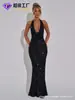 Vestido de Noche Largo con Lentejuelas Sexy de Cuello Halter Profundo en V Espalda Descubierta Estilo Cola de Pez, Tendencia Europea y Americana, Elegante y Exquisito, Personalizado