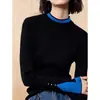 Tricô Falso Duas Peças Cor Contrastante Gola Alta Meia Manga para Mulheres Outono e Inverno 2025 Camisa Base Top