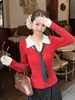 Suéter de punto patchwork bicolor de dos piezas falsas de manga larga para mujer, otoño e invierno, con diseño trenzado, corte ajustado y top tipo bufanda elegante