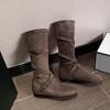 Botas Rasteiras de Couro Genuíno para Mulheres, Botas de Equitação que Aumentam a Altura com Tiras Cruzadas, Botas Longas franzidas empilhadas, Botas Longas Emagrecedoras para Mulheres