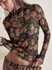 Transfronterizo europeo y americano ins otoño 2026 nuevo moda vintage estampado floral top de malla camiseta de manga larga ajustada para mujer