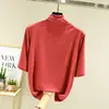 Camiseta base de algodão com gola alta média para mulheres, camiseta de manga de três quartos, fina para primavera e outono, slim fit, plus size, versátil, top de manga média