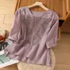 Nueva camisa de punto de algodón y lino con bordado, ropa de mujer estilo chino, camiseta holgada y estilizada de algodón y lino, top versátil para mujer