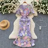 Vestido de alta gama francés elegante de alta resistencia con bordado de flores, cuello redondo, manga acampanada, entallado a la cintura, estilo sirena